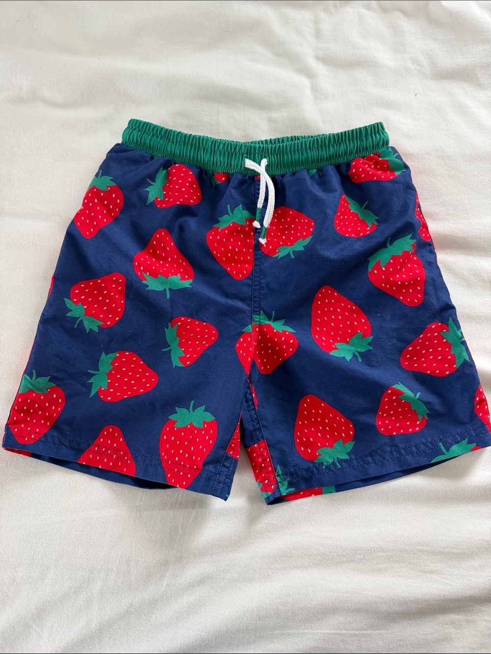 Mini Boden Strawberry Print Swim Trunks Shorts Navy Red Size 8-9 Years Boys